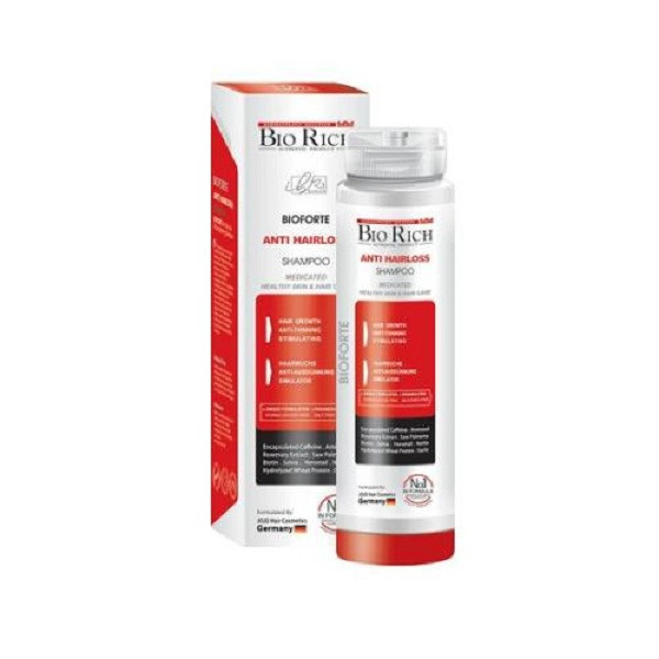 شامپو روزانه تقویتکننده و ضد ریزش مو بایوریچ مخصوص انواع مو، حجم 250 میلیلیتر مدل ANTI HAIR LOSS، حاوی کراتین، بدون سولفات، حجمدهنده و ترمیمکننده با عصاره مریم گلی، گزنه و، رزماری
