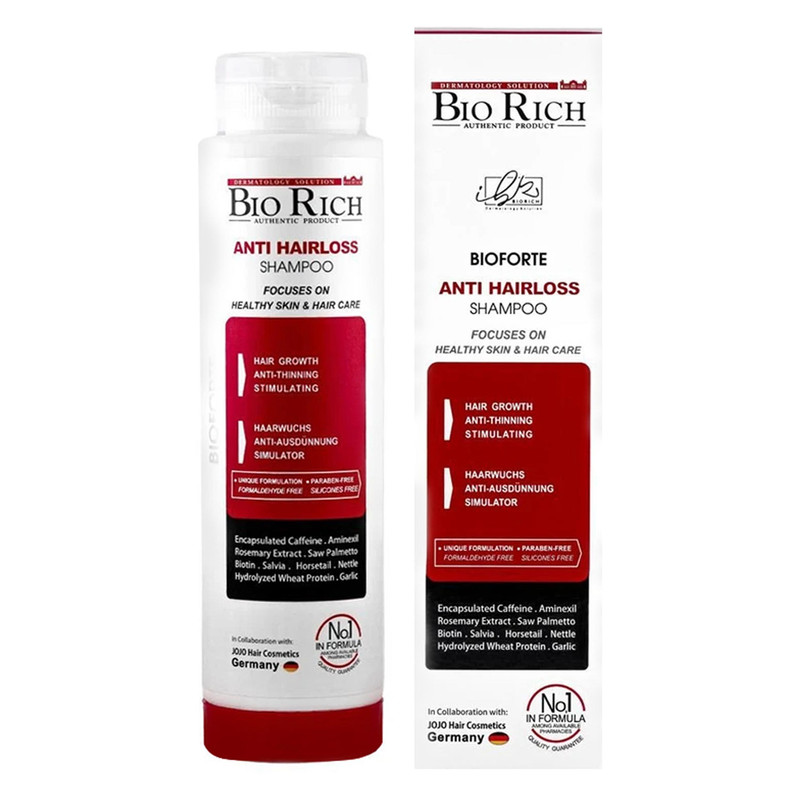 شامپو روزانه تقویتکننده و ضد ریزش مو بایوریچ مخصوص انواع مو، حجم 250 میلیلیتر مدل ANTI HAIR LOSS، حاوی کراتین، بدون سولفات، حجمدهنده و ترمیمکننده با عصاره مریم گلی، گزنه و، رزماری