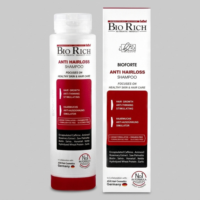 شامپو روزانه تقویتکننده و ضد ریزش مو بایوریچ مخصوص انواع مو، حجم 250 میلیلیتر مدل ANTI HAIR LOSS، حاوی کراتین، بدون سولفات، حجمدهنده و ترمیمکننده با عصاره مریم گلی، گزنه و، رزماری