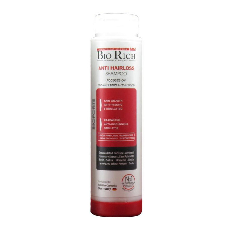 شامپو روزانه تقویتکننده و ضد ریزش مو بایوریچ مخصوص انواع مو، حجم 250 میلیلیتر مدل ANTI HAIR LOSS، حاوی کراتین، بدون سولفات، حجمدهنده و ترمیمکننده با عصاره مریم گلی، گزنه و، رزماری
