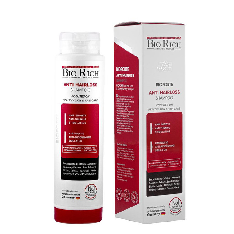 شامپو روزانه تقویتکننده و ضد ریزش مو بایوریچ مخصوص انواع مو، حجم 250 میلیلیتر مدل ANTI HAIR LOSS، حاوی کراتین، بدون سولفات، حجمدهنده و ترمیمکننده با عصاره مریم گلی، گزنه و، رزماری