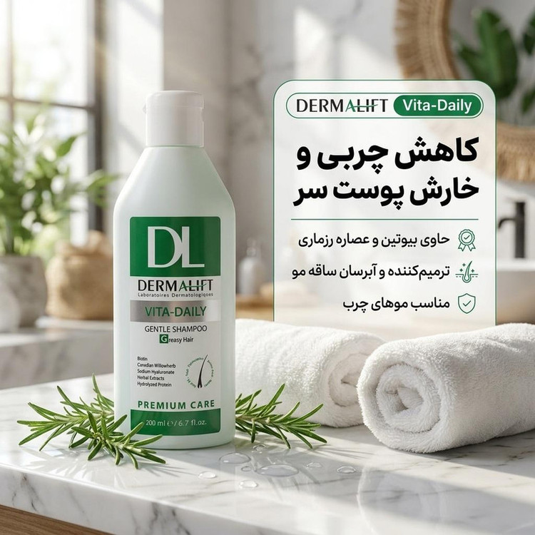 شامپو مو ملایم درمالیفت مدل Vita Daily حجم 200 میلیلیتر، مناسب موهای چرب، کاهشدهنده چربی و خارش، ترمیمکننده، آبرسان ساقه مو، جلوگیری از موخوره و گره خوردن مو، حاوی بیوتین و عصاره رزماری