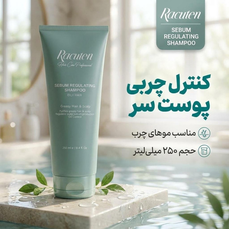 شامپو مو راکوتن مدل sebum regulating مناسب موهای چرب، کاهشدهنده چربی و تنظیمکننده چربی پوست سر، حجم 250 میلیلیتر