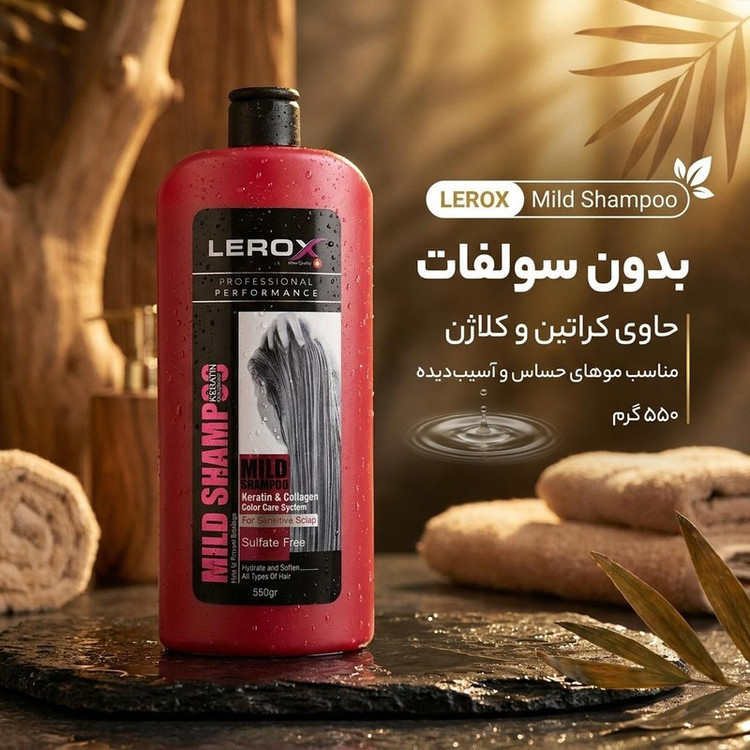 شامپو تقویتکننده مو لروکس مخصوص پوست سر حساس و موهای شکننده، آسیبدیده و حساس، حجم 550 گرم، حاوی کراتین و کلاژن، بدون سولفات، ترمیمکننده