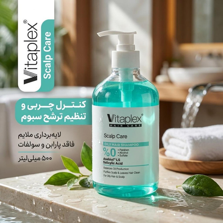 شامپو مو ویتاپلکس مدل Scalp Care حجم 500 میلیلیتر، مناسب موهای چرب، کنترل چربی و تنظیم ترشح سبوم، لایهبرداری ملایم، حفظ رطوبت و تقویتکننده