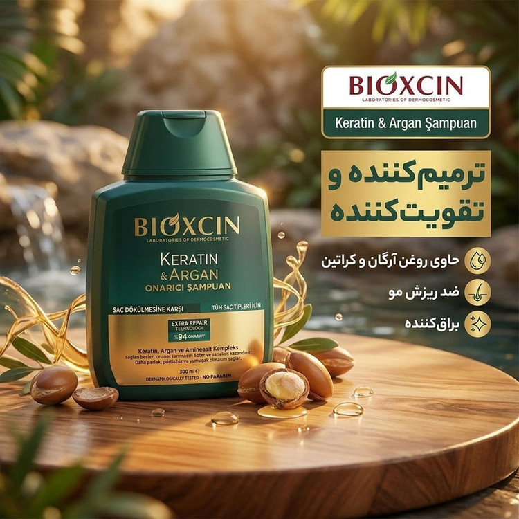 شامپو ضد ریزش مو بیوکسین مدل آرگان و کراتین حجم 300 میلیلیتر، ترمیمکننده، تقویتکننده، براقکننده، مناسب انواع مو و پوست سر حساس، حاوی بیوکمپلکس B11، بدون پارابن و مواد حساسیتزا