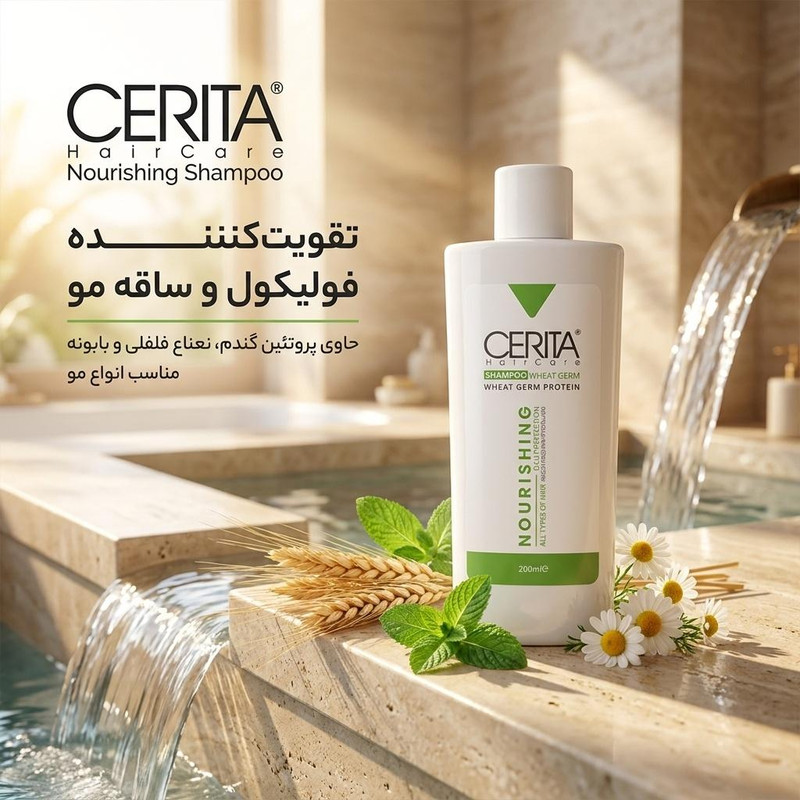 شامپو روزانه تقویت‌کننده مو سریتا مخصوص انواع مو، حجم 200 میلی‌لیتر مدل Nourishing، حاوی پروتئین گندم با عصاره نعناع فلفلی و بابونه