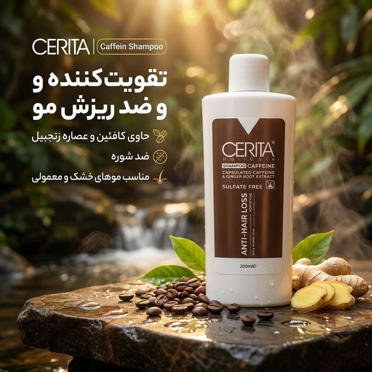 شامپو تقویت کننده و ضد ریزش مو سریتا مدل Caffein، سازگار با موهای خشک و نرمال، ضد شوره، حجم 200 میلیلیتر
