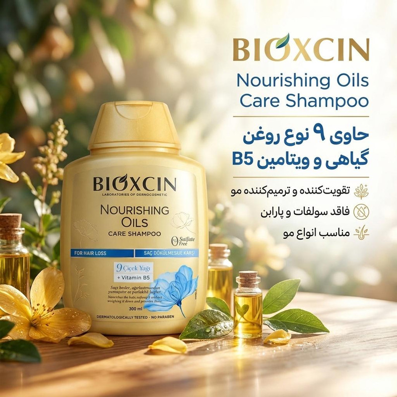 شامپو تقویتکننده و ترمیمکننده مو بیوکسین مدل Nourishing Oils Care حجم 300 میلیلیتر، مناسب انواع مو، فاقد سولفات و پارابن، حاوی 9 نوع روغن گیاهی و ویتامین B5، ملایم و مغذی