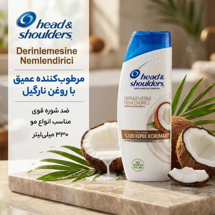 شامپو ضد شوره مو هد اند شولدرز مدل Derinlemesine Nemlendirici با روغن نارگیل، مرطوبکننده و تقویتکننده، مناسب انواع مو حجم 330 میلیلیتر