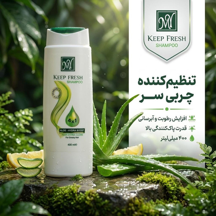 شامپو مخصوص موهای چرب مای مدل Keep Fresh حجم 400 میلیلیتر، افزایش رطوبت و آبرسانی، قدرت پاککنندگی بالا، تنظیمکننده چربی سر، درخشان و احیاکننده، از بین برنده باکتریها