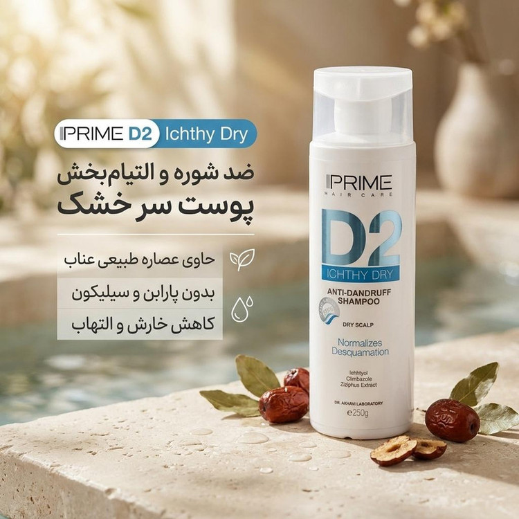 شامپو ضد شوره مو پریم مخصوص موهای خشک، حجم 250 میلیلیتر مدل Ichthy Dry D2، بدون پارابن و سیلیکون، ضدالتهاب و خارش، کاهش سرعت پوسته ریزی با عصاره طبیعی عناب