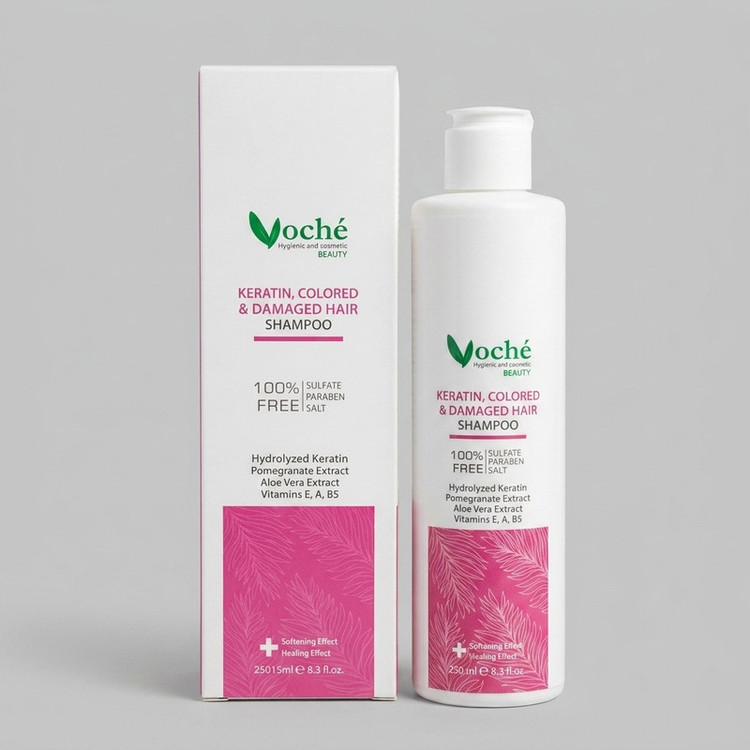 شامپو مو وچه مدل KERATIN حجم 250 میلیلیتر، مناسب موهای آسیب دیده، خشک، رنگ شده و شکننده، آبرسان، آرامشبخش، بازسازیکننده و براقکننده، حاوی ویتامینهای A، B5 و E