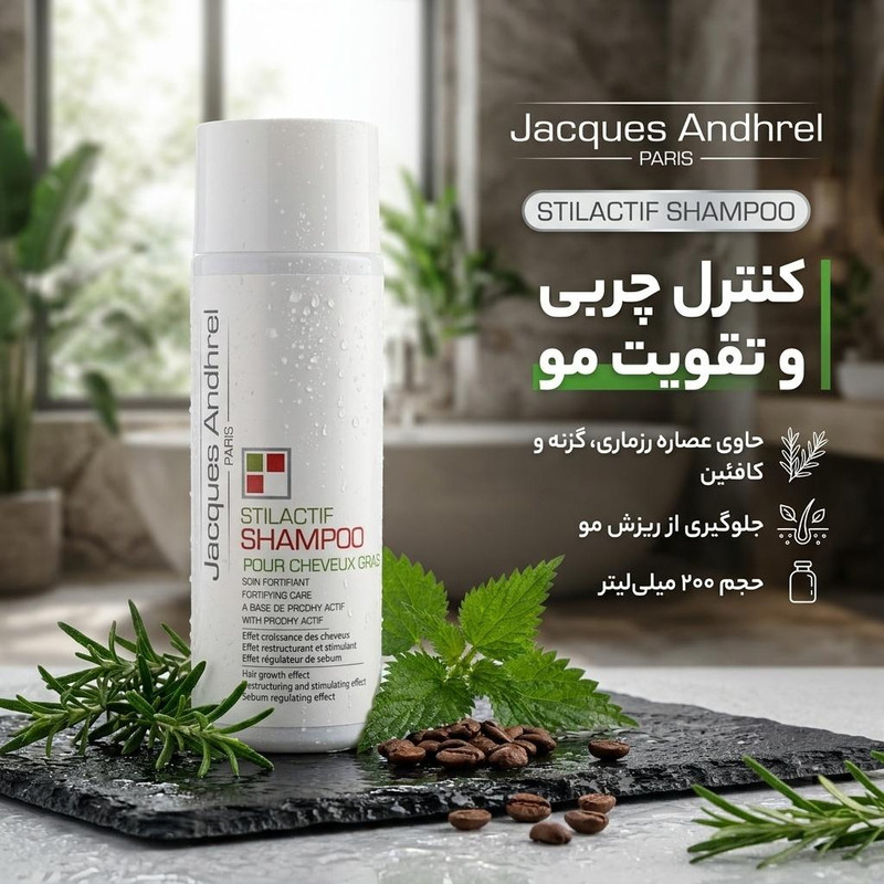 شامپو تقویت کننده موهای چرب ژاک آندرل پاریس مدل cheveux gras حجم 200 میلیلیتر، حاوی عصاره رزماری، گزنه و کافئین، کنترل چربی، جلوگیری از ریزش و افزایش استحکام موها
