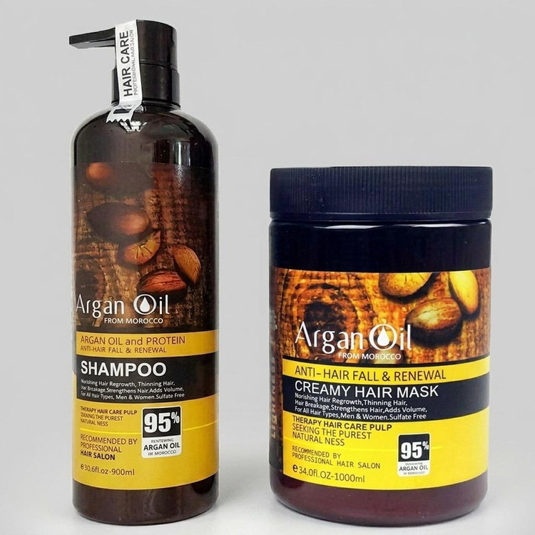 شامپو تقویتکننده و ترمیمکننده مو لایتنس مدل argan حجم 900 میلیلیتر به همراه ماسک مو لایتنس مدل argan oil حجم 1000 میلیلیتر، حاوی روغن آرگان طبیعی، فاقد سولفات، مناسب موهای آسیب دیده و رنگ شده