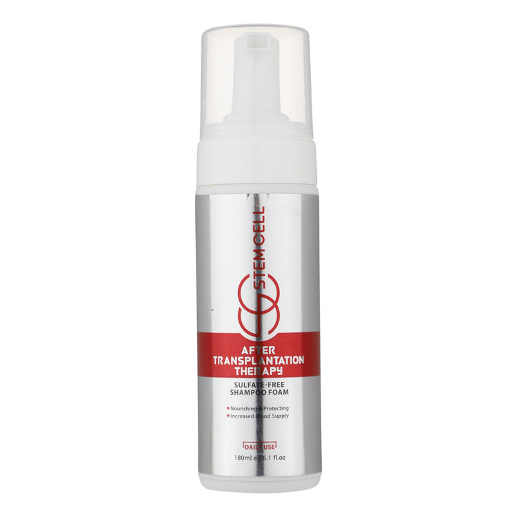 شامپو فوم پس از کاشت مو استم سل مدل Sulfate Free حجم 180 میلیلیتر، فاقد سولفات و 9 عامل تخریبکننده، ضد ریزش، تقویتکننده، ترمیمکننده، تنظیم و کنترل فعالیت غدد سبابه پوست سر، مناسب شستوشوی سر ملتهب بعد از جراحی کاشت مو