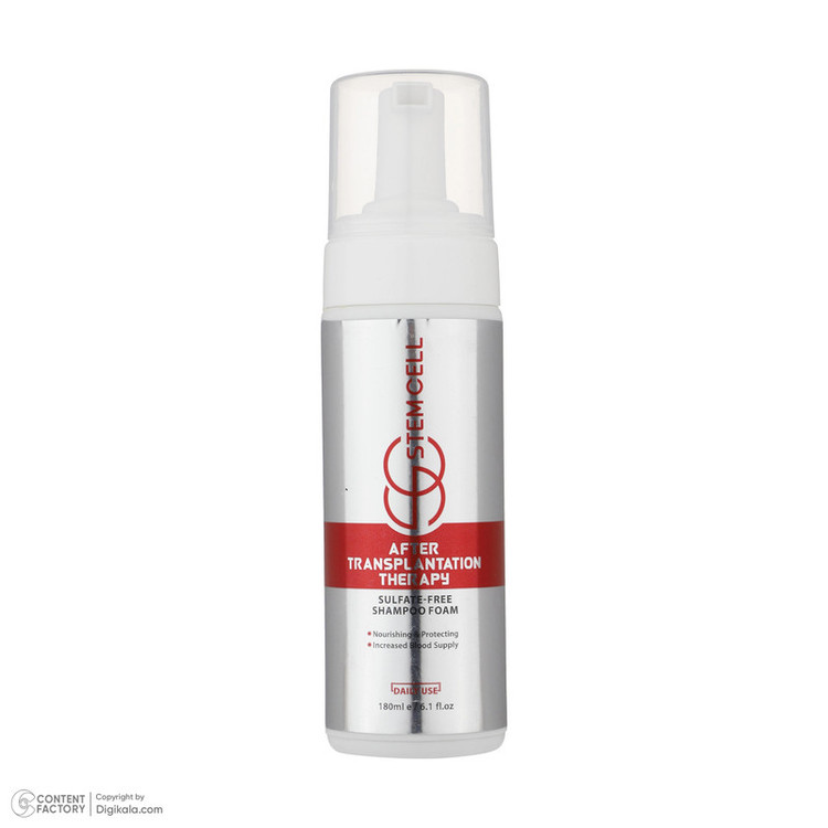 شامپو فوم پس از کاشت مو استم سل مدل Sulfate Free حجم 180 میلیلیتر، فاقد سولفات و 9 عامل تخریبکننده، ضد ریزش، تقویتکننده، ترمیمکننده، تنظیم و کنترل فعالیت غدد سبابه پوست سر، مناسب شستوشوی سر ملتهب بعد از جراحی کاشت مو