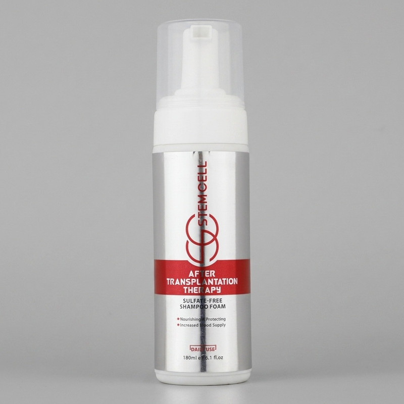 شامپو فوم پس از کاشت مو استم سل مدل Sulfate Free حجم 180 میلی‌لیتر، فاقد سولفات و 9 عامل تخریب‌کننده، ضد ریزش، تقویت‌کننده، ترمیم‌کننده، تنظیم و کنترل فعالیت غدد سبابه پوست سر، مناسب شست‌وشوی سر ملتهب بعد از جراحی کاشت مو