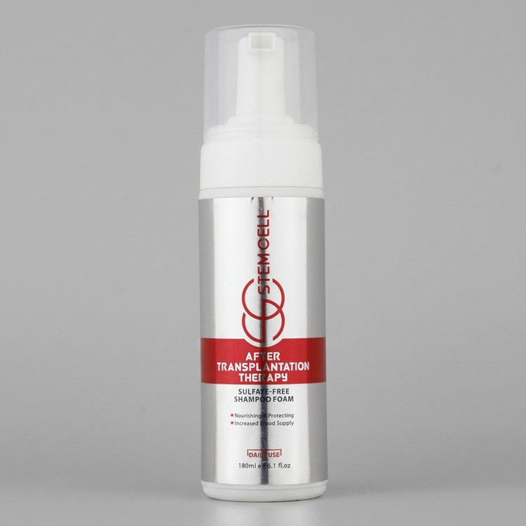 شامپو فوم پس از کاشت مو استم سل مدل Sulfate Free حجم 180 میلیلیتر، فاقد سولفات و 9 عامل تخریبکننده، ضد ریزش، تقویتکننده، ترمیمکننده، تنظیم و کنترل فعالیت غدد سبابه پوست سر، مناسب شستوشوی سر ملتهب بعد از جراحی کاشت مو