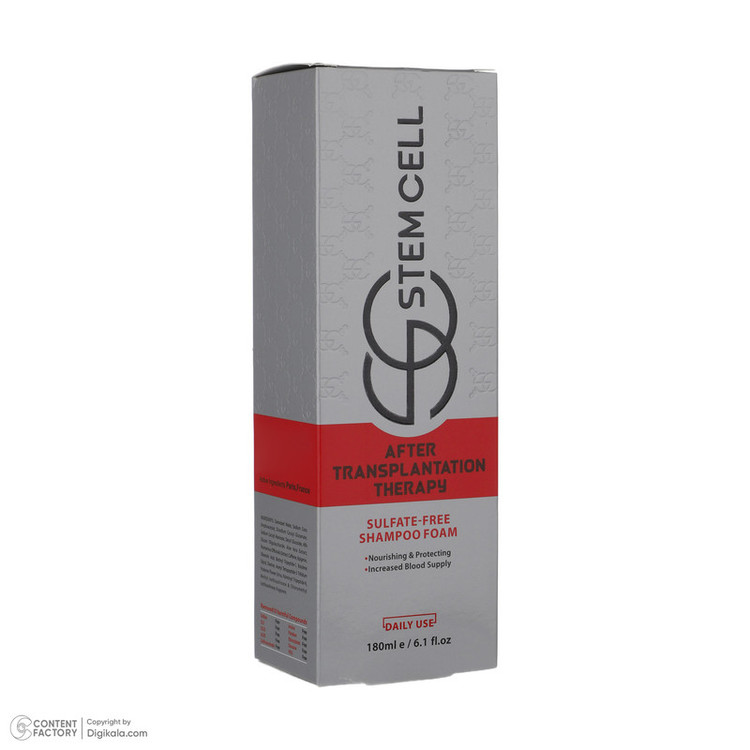شامپو فوم پس از کاشت مو استم سل مدل Sulfate Free حجم 180 میلیلیتر، فاقد سولفات و 9 عامل تخریبکننده، ضد ریزش، تقویتکننده، ترمیمکننده، تنظیم و کنترل فعالیت غدد سبابه پوست سر، مناسب شستوشوی سر ملتهب بعد از جراحی کاشت مو