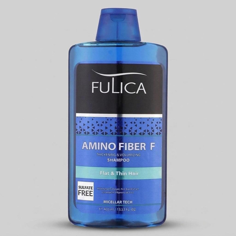 شامپو تقویت‌کننده مو فولیکا مخصوص موهای کم‌حجم و نازک، حجم 400 میلی‌لیتر مدل Amino Fiber، حاوی ویتامین‌های B7 و B6، بدون سولفات، برطرف‌کننده وز مو، آبرسان، محکم‌کننده، حاوی عصاره‌های سبوس برنج، رزماری