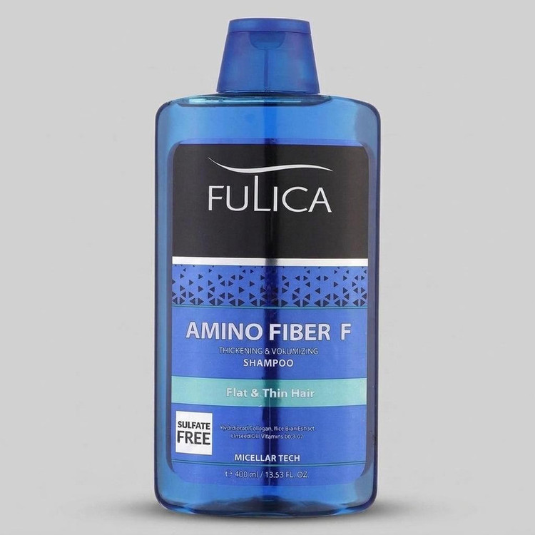 شامپو تقویتکننده مو فولیکا مخصوص موهای کمحجم و نازک، حجم 400 میلیلیتر مدل Amino Fiber، حاوی ویتامینهای B7 و B6، بدون سولفات، برطرفکننده وز مو، آبرسان، محکمکننده، حاوی عصارههای سبوس برنج، رزماری
