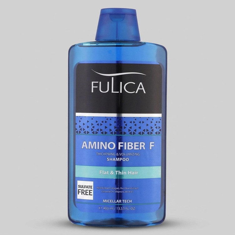 شامپو تقویتکننده مو فولیکا مخصوص موهای کمحجم و نازک، حجم 400 میلیلیتر مدل Amino Fiber، حاوی ویتامینهای B7 و B6، بدون سولفات، برطرفکننده وز مو، آبرسان، محکمکننده، حاوی عصارههای سبوس برنج، رزماری
