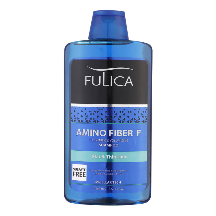 شامپو تقویتکننده مو فولیکا مخصوص موهای کمحجم و نازک، حجم 400 میلیلیتر مدل Amino Fiber، حاوی ویتامینهای B7 و B6، بدون سولفات، برطرفکننده وز مو، آبرسان، محکمکننده، حاوی عصارههای سبوس برنج، رزماری