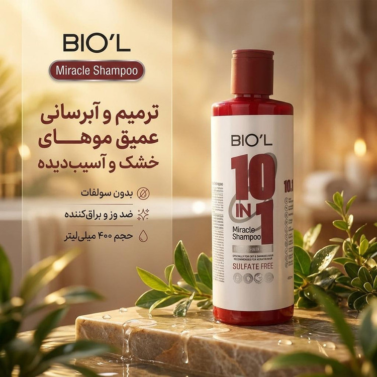 شامپو و نرم کننده مو بیول مدل Miracle مناسب موهای خشک و آسیب دیده، تقویتکننده، ترمیمکننده، مرطوبکننده، ضد وز، براقکننده، حجم 400 میلیلیتر