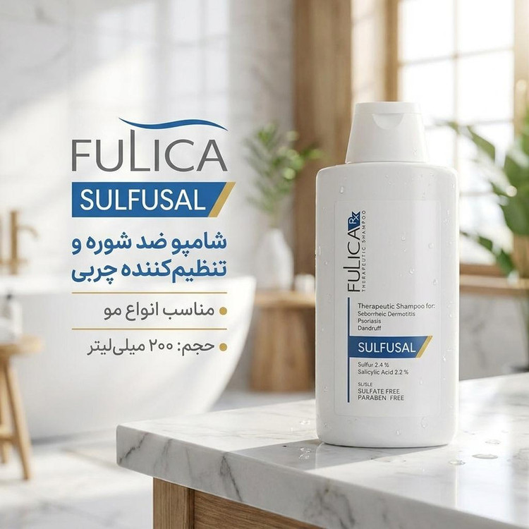 شامپو ضد شوره مو فولیکا مدل sulfusal حجم 200 میلیلیتر، تنظیم چربی پوست سر، مناسب انواع مو
