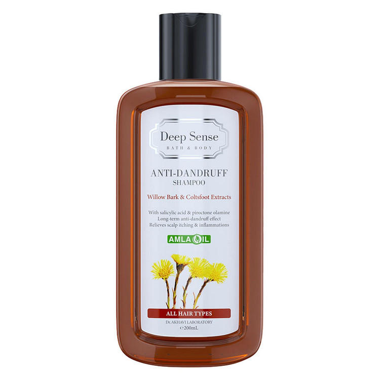 شامپو ضدشوره دیپ سنس مخصوص انواع مو، حجم 200 میلیلیتر مدل Willow Bark و Coltsfoot، حاوی اسید سالیسیلیک و پیروکتون اولامین، ضد خارش با عصاره آملا، بید و فارفارا
