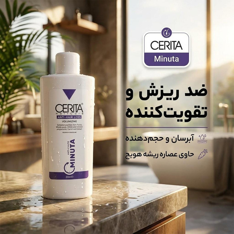 شامپو تقویت کننده مو سریتا مخصوص پوست سر معمولی و حساس و سازگار با موهای شکننده، خشک، آسیب دیده، حجم 200 میلیلیتر مدل Minuta، با قابلیت ضد ریزش، آبرسان، با عصاره ریشه هویج