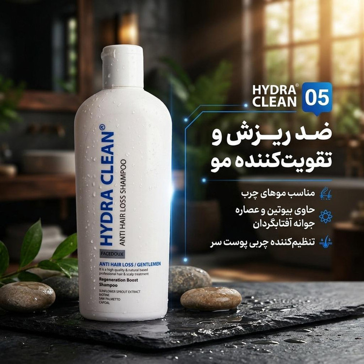 شامپو ضد ریزش مو مردانه هدرا کلین مدل 05 مناسب موهای چرب، تقویتکننده، تنظیمکننده چربی، حاوی بیوتین و عصاره جوانه آفتابگردان حجم 220 میلیلیتر