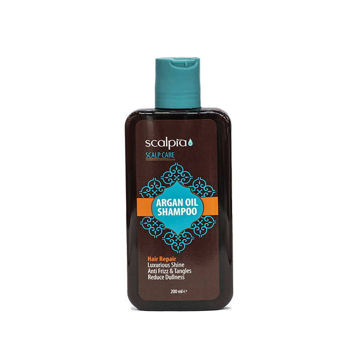شامپو موی سر اسکالپیا مدل argan oil حجم 200 میلیلیتر، ترمیمکننده، تقویتکننده، مغذی، جلوگیری از وز شدن مو، مناسب انواع مو به ویژه خشک، آسیب دیده و رنگ شده