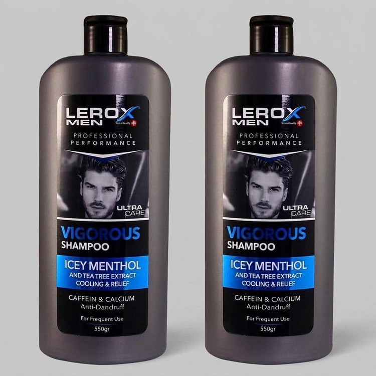 شامپو مو مردانه لروکس مدل ICEY MENTHOL حجم 550 میلیلیتر، ضد شوره، تغذیهکننده، حاوی عصاره درخت چای، تقویتکننده ریشه و ساقه مو، بسته 2 عددی