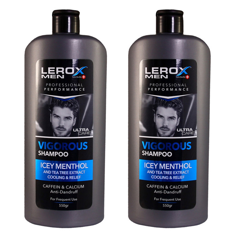 شامپو مو مردانه لروکس مدل ICEY MENTHOL حجم 550 میلیلیتر، ضد شوره، تغذیهکننده، حاوی عصاره درخت چای، تقویتکننده ریشه و ساقه مو، بسته 2 عددی
