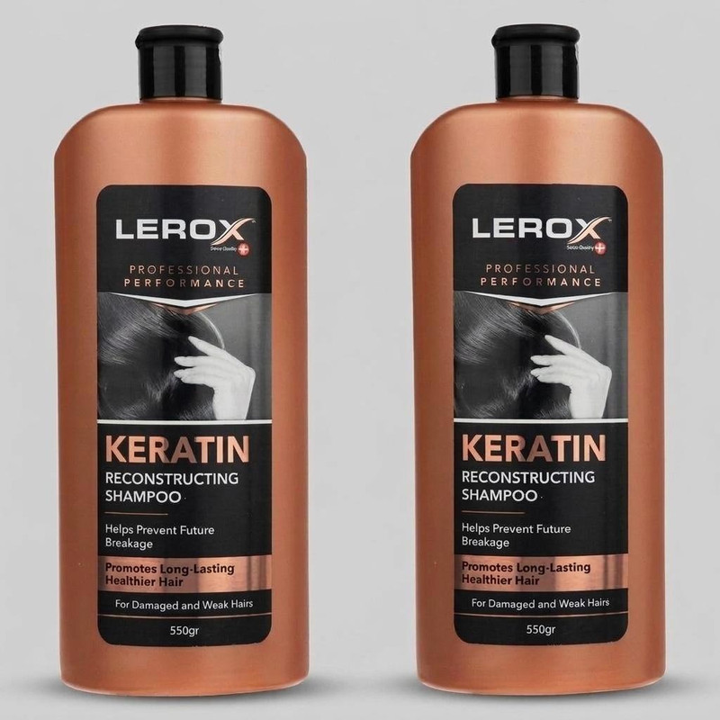 شامپو مو کراتین لروکس مدل کراتین حجم 550 میلی‌لیتر مناسب موهای شکننده و آسیب دیده، ترمیم‌کننده و تقویت‌کننده، حاوی عصاره آلوئه ورا دو بسته 550 میلی‌لیتری