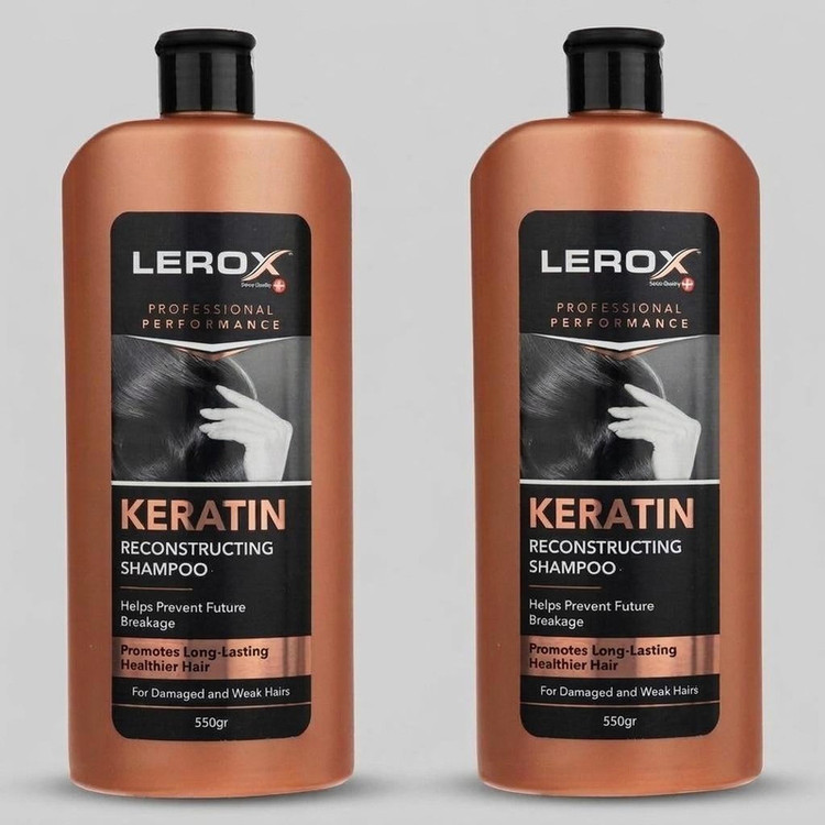 شامپو مو کراتین لروکس مدل کراتین حجم 550 میلیلیتر مناسب موهای شکننده و آسیب دیده، ترمیمکننده و تقویتکننده، حاوی عصاره آلوئه ورا دو بسته 550 میلیلیتری