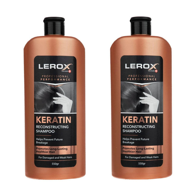 شامپو مو کراتین لروکس مدل کراتین حجم 550 میلیلیتر مناسب موهای شکننده و آسیب دیده، ترمیمکننده و تقویتکننده، حاوی عصاره آلوئه ورا دو بسته 550 میلیلیتری