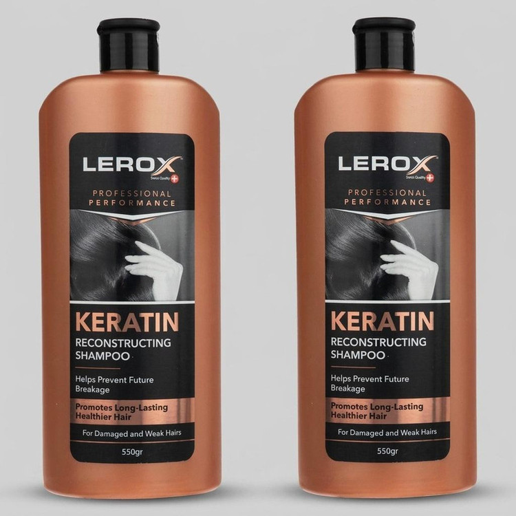 شامپو مو کراتین لروکس مدل کراتین حجم 550 میلیلیتر مناسب موهای شکننده و آسیب دیده، ترمیمکننده و تقویتکننده، حاوی عصاره آلوئه ورا دو بسته 550 میلیلیتری