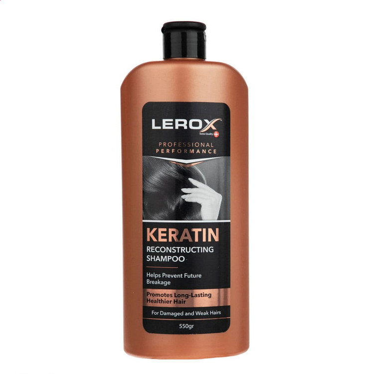 شامپو مو کراتین لروکس مدل کراتین حجم 550 میلیلیتر مناسب موهای شکننده و آسیب دیده، ترمیمکننده و تقویتکننده، حاوی عصاره آلوئه ورا دو بسته 550 میلیلیتری