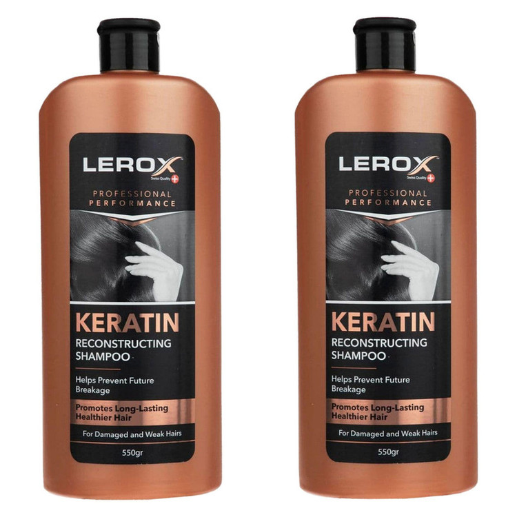 شامپو مو کراتین لروکس مدل کراتین حجم 550 میلیلیتر مناسب موهای شکننده و آسیب دیده، ترمیمکننده و تقویتکننده، حاوی عصاره آلوئه ورا دو بسته 550 میلیلیتری