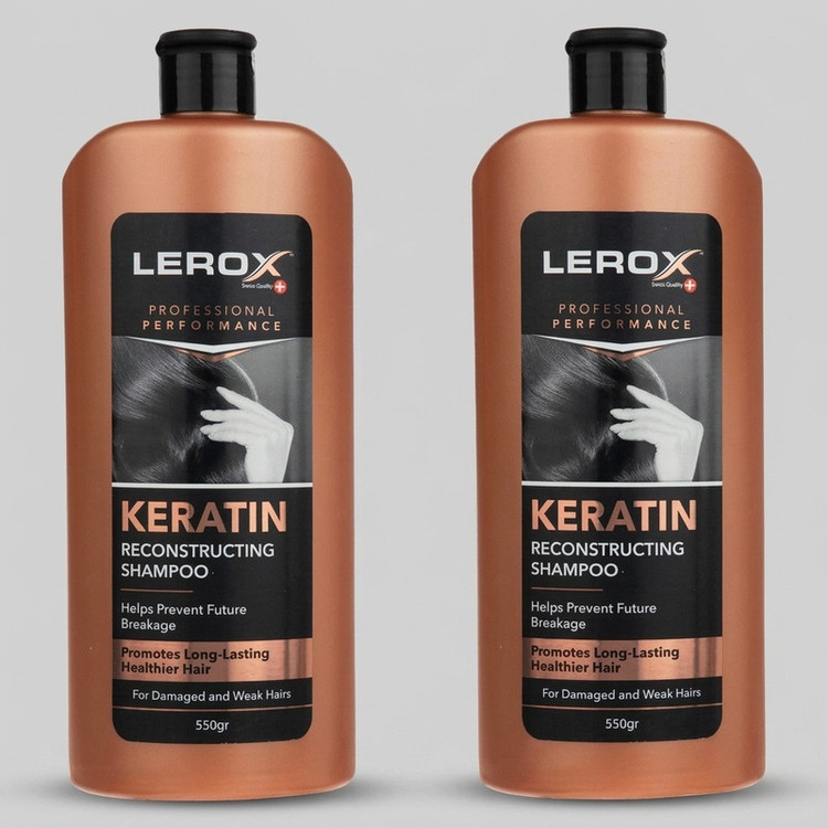 شامپو مو کراتین لروکس مدل کراتین حجم 550 میلیلیتر مناسب موهای شکننده و آسیب دیده، ترمیمکننده و تقویتکننده، حاوی عصاره آلوئه ورا دو بسته 550 میلیلیتری