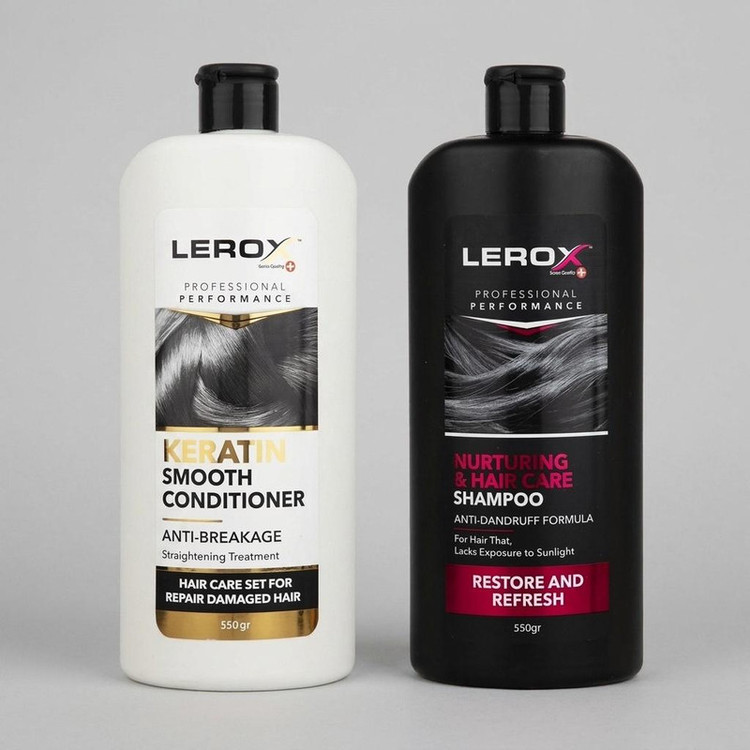 شامپو و نرمکننده مو لروکس مدل banovan و keratin حجم 550 میلیلیتر، حاوی عصاره جلبک گالبانا، بابونه، چای سبز، رزمای، روغن زیتون و آلوئه ورا، ضد شوره، ضد ریزش، ترمیمکننده، نرمکننده و تقویتکننده مو، مناسب موهای خشک و آسیبدیده، بسته 2 عددی