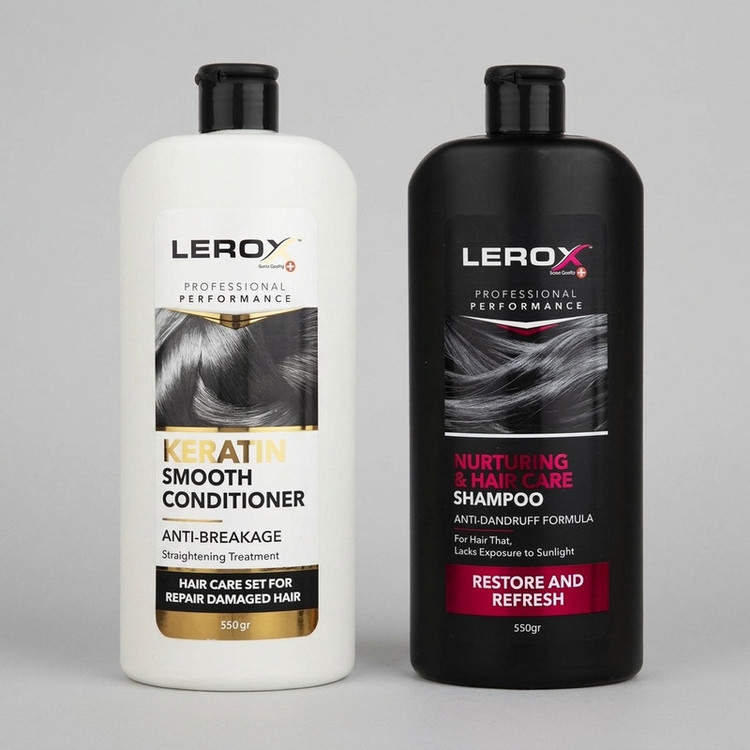 شامپو و نرمکننده مو لروکس مدل banovan و keratin حجم 550 میلیلیتر، حاوی عصاره جلبک گالبانا، بابونه، چای سبز، رزمای، روغن زیتون و آلوئه ورا، ضد شوره، ضد ریزش، ترمیمکننده، نرمکننده و تقویتکننده مو، مناسب موهای خشک و آسیبدیده، بسته 2 عددی