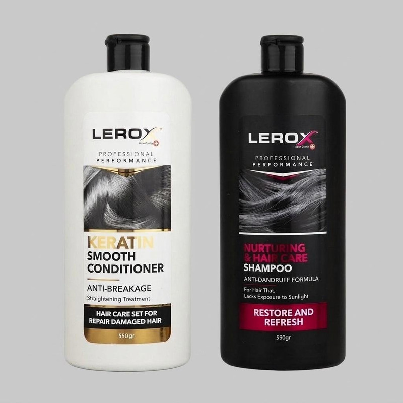 شامپو و نرم‌کننده مو لروکس مدل banovan و keratin حجم 550 میلی‌لیتر، حاوی عصاره جلبک گالبانا، بابونه، چای سبز، رزمای، روغن زیتون و آلوئه ورا، ضد شوره، ضد ریزش، ترمیم‌کننده، نرم‌کننده و تقویت‌کننده مو، مناسب موهای خشک و آسیب‌دیده، بسته 2 عددی