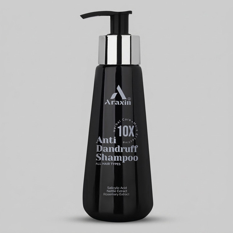 شامپو ضد شوره مو آراکسین مدل 10x با ترکیبات گیاهی، حجم 175 میلیلیتر، مناسب برای انواع مو، کاهش خارش، تقویت و نرمکنندگی مو، فاقد سولفات، حاوی ویتامینهای E، B6 و B5