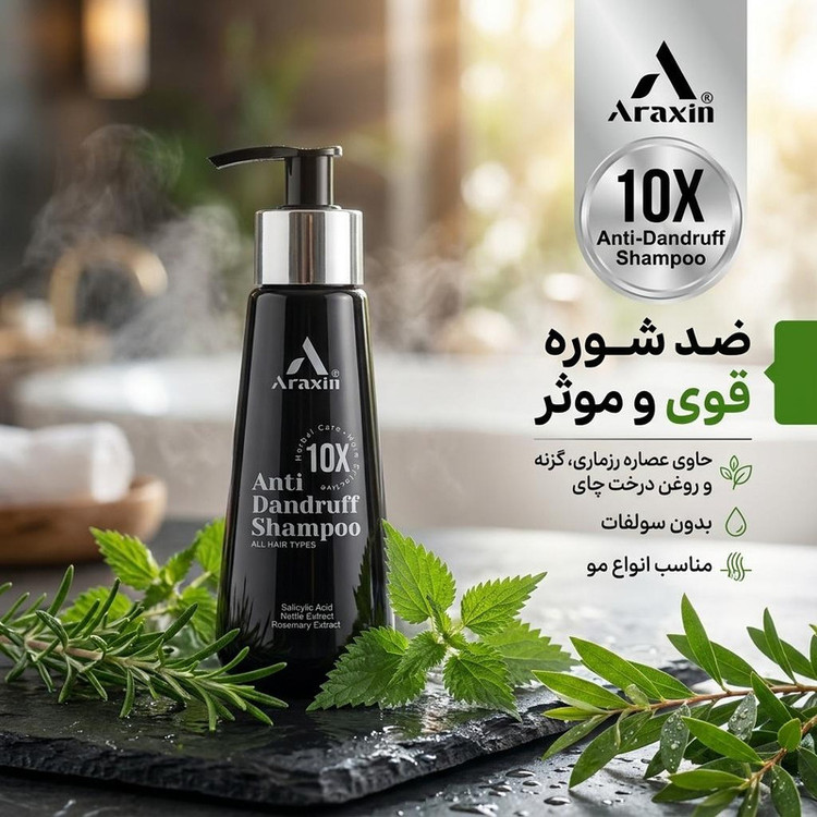 شامپو ضد شوره مو آراکسین مدل 10x با ترکیبات گیاهی، حجم 175 میلیلیتر، مناسب برای انواع مو، کاهش خارش، تقویت و نرمکنندگی مو، فاقد سولفات، حاوی ویتامینهای E، B6 و B5