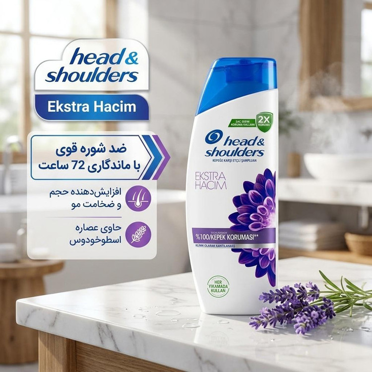 شامپو ضد شوره مو هد اند شولدرز مدل Ekstra Hacim با حجم 330 میلیلیتر، تقویتکننده، افزایشدهنده حجم و ضخامت مو، حاوی عصاره اسطوخودوس و آنتیاکسیدان، مناسب موهای کمحجم و نازک، ضد شوره قوی با ماندگاری 72 ساعت