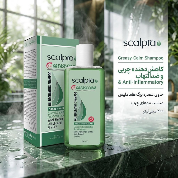 شامپو مو چرب اسکالپیا مدل روزانه حجم 200 میلیلیتر، کاهشدهنده چربی، ضدالتهاب، با عصاره برگ هاماملیس و ترکیبات گلیسیرین، با رایحه دلپذیر معتدل